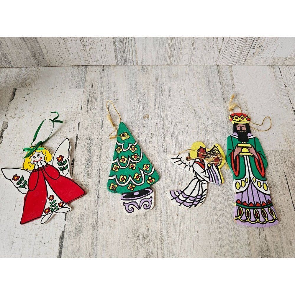 Vintage wooden angel cherub wise men ornament Xmas tree set